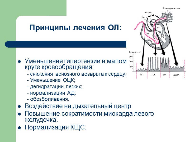 Принципы лечения ОЛ:  Уменьшение гипертензии в малом     круге кровообращения: